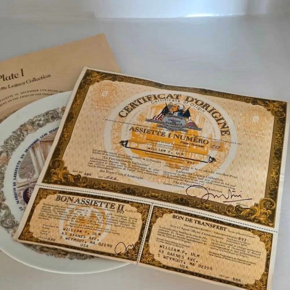 VTG Lafayette Legacy Plate I (NBR 579 IN Collection 1973) w/Paperwork & Certs